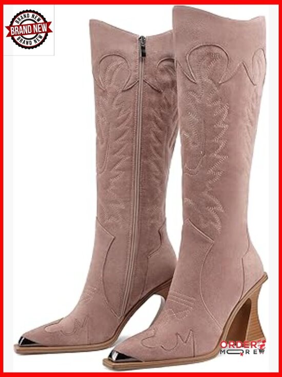 Shoes - Knee High Western Cowboy Boots with Side Zipper, 3.5 Inch Heel